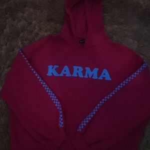 Red Hoodie with Blue 'Karma' Print